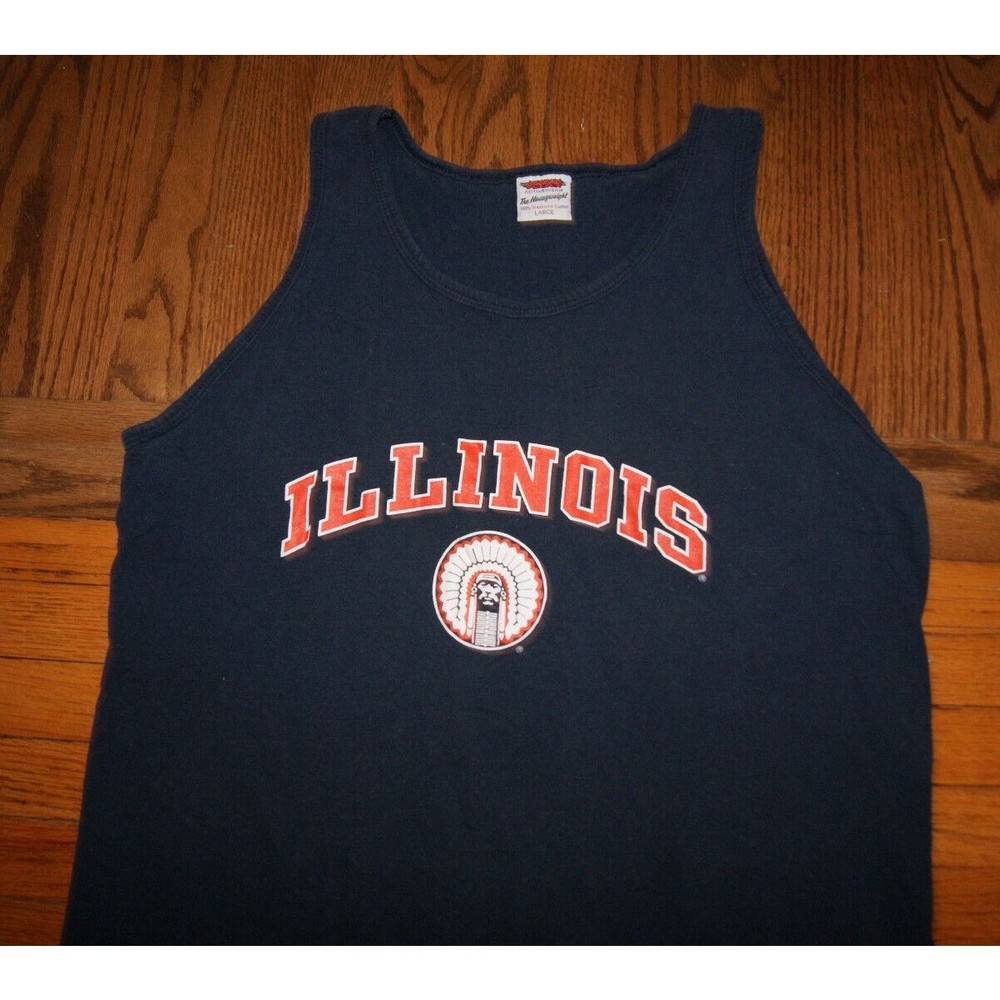 VTG 90s ILLINOIS FIGHTING ILLINI Chief Large Blue Tank Top TShirt USA Made